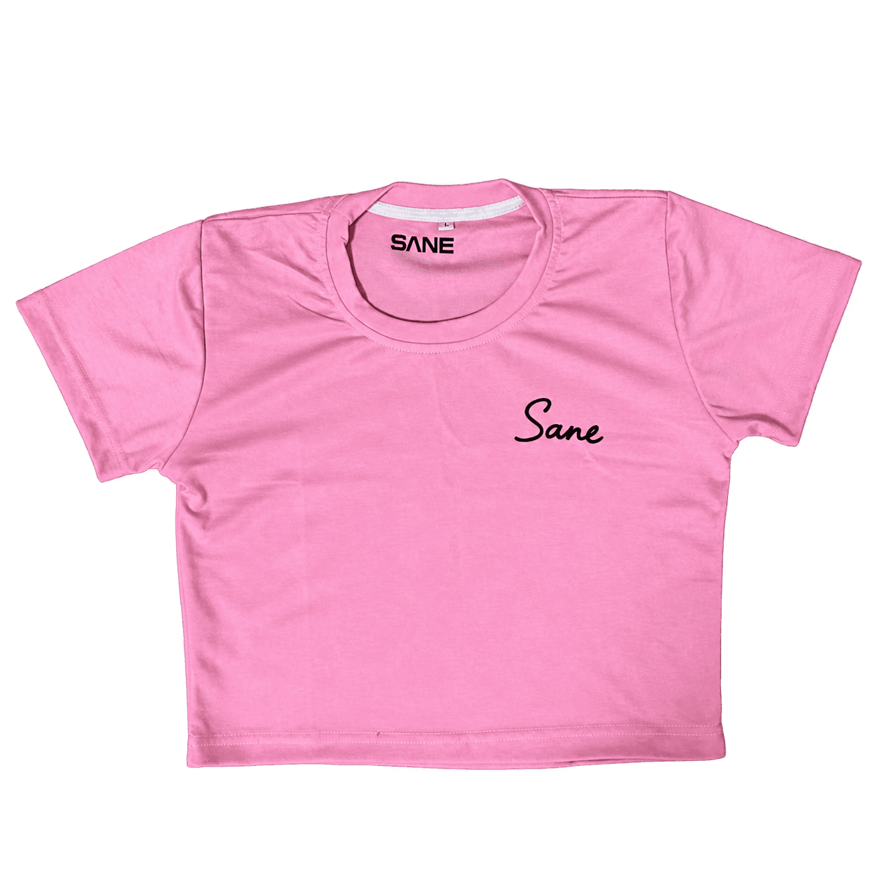 Sane Crop Top in pink, front view with Sane script