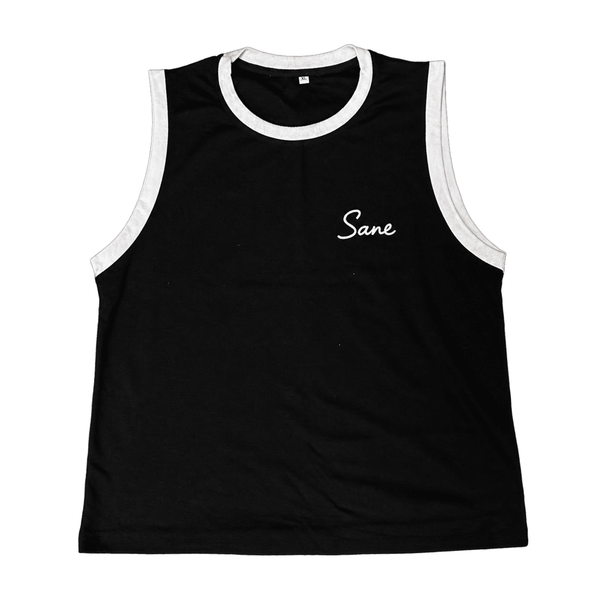 Sane Tank Top in black with white trim, front view with Sane script