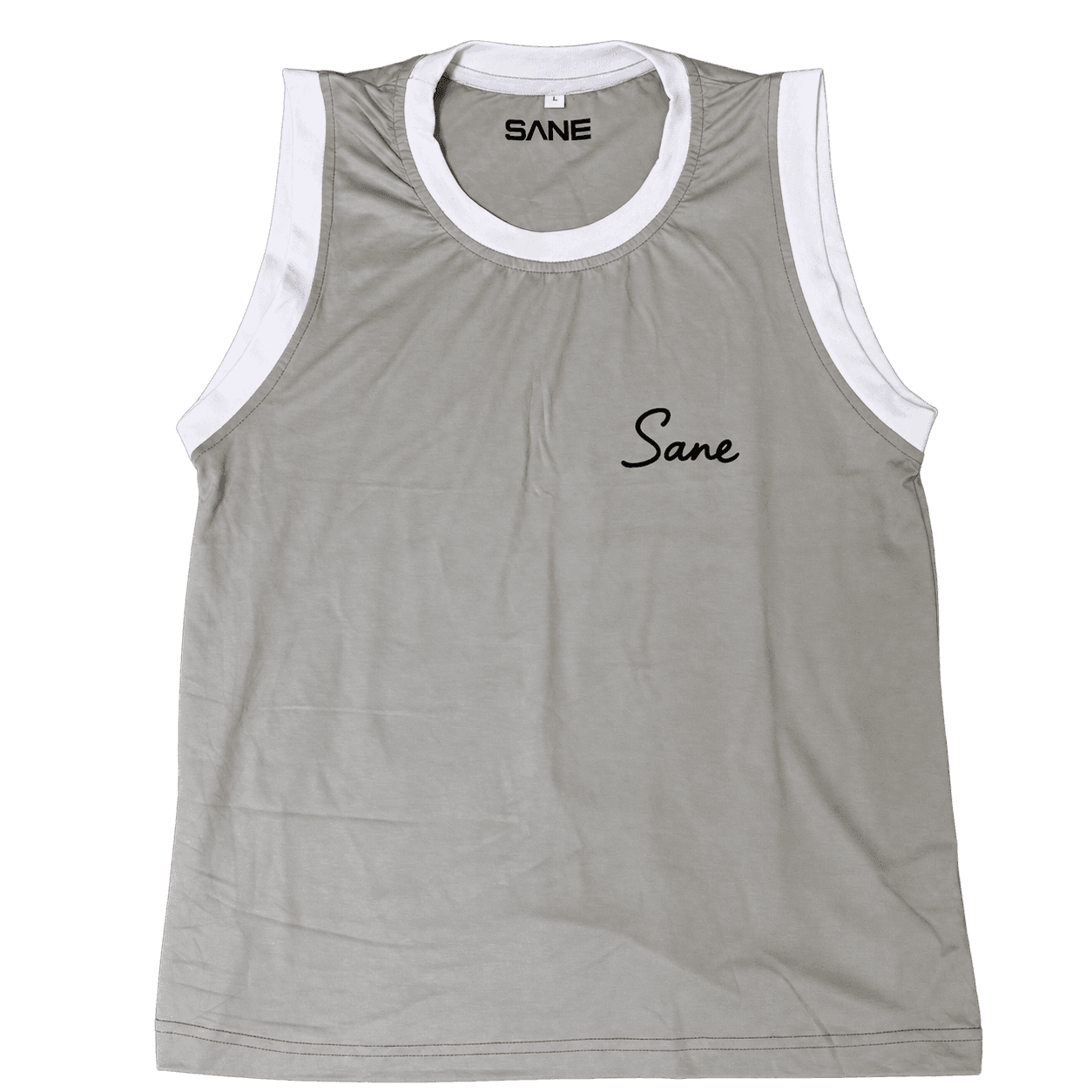 Sane Tank Top in grey with white trim, front view with Sane script