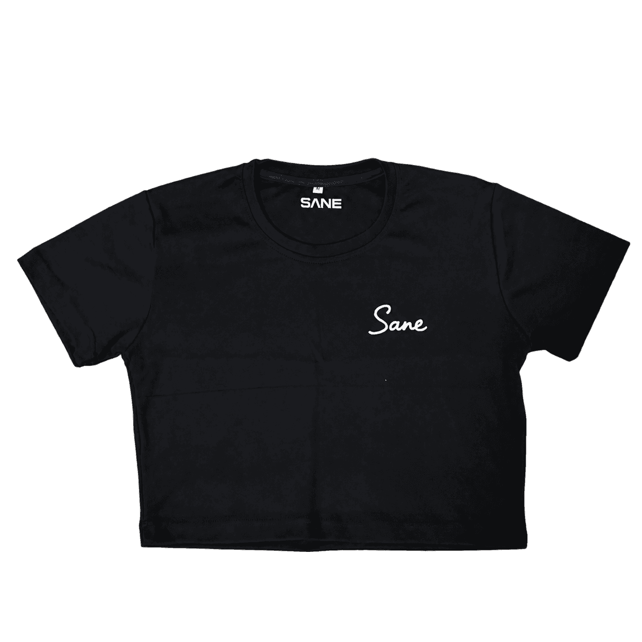 Sane Crop Top in black, front view with Sane script