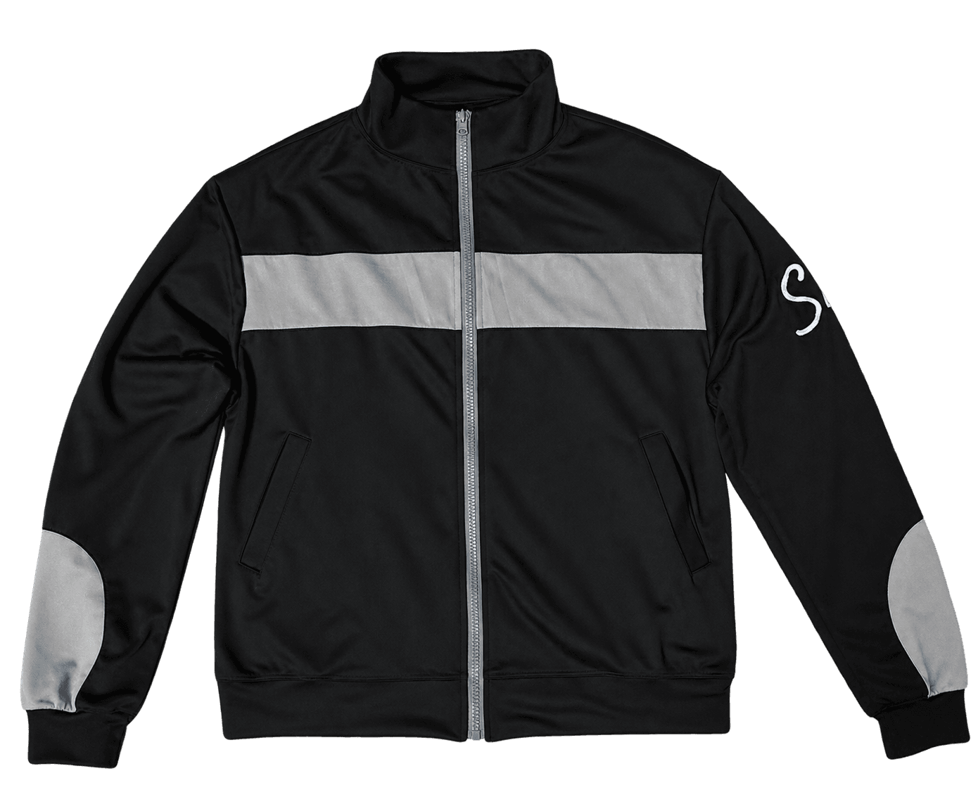 The Tracksuit jacket, front view with zip and grey chest stripe