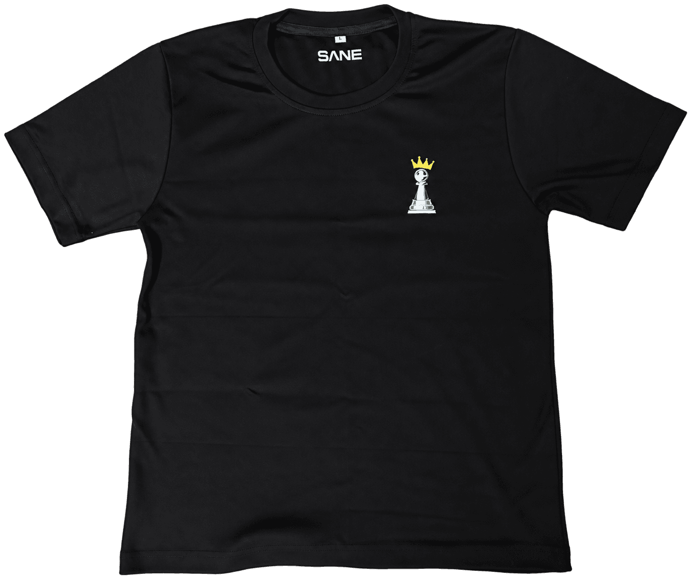 The Crown Tee in black, front view with crowned pawn chest print