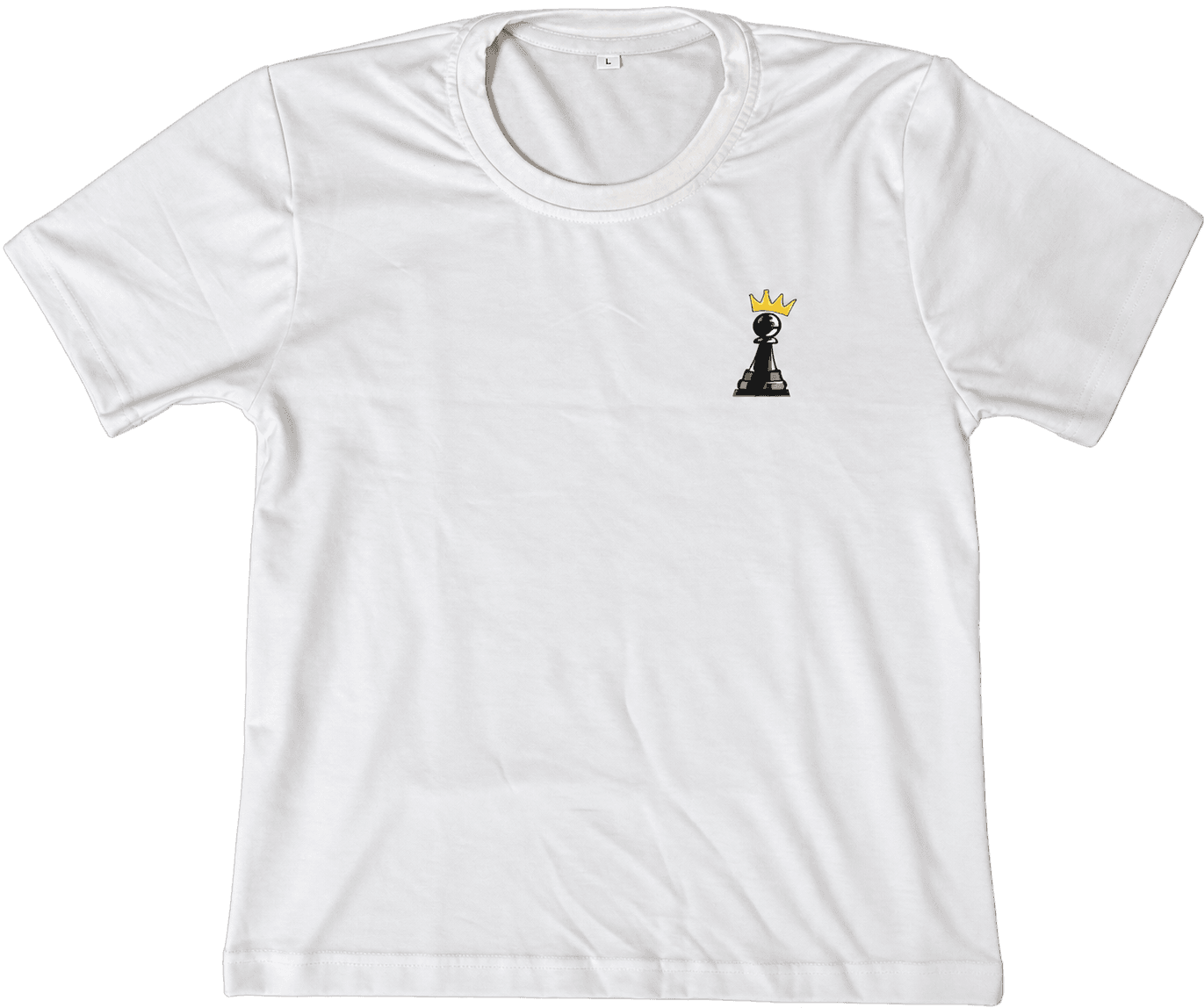 The Crown Tee in white, front view with black crowned pawn chest print