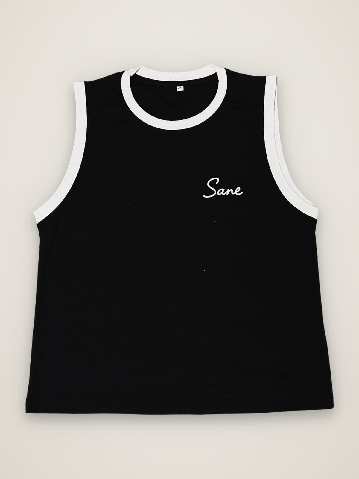 Sane Tank Top in black with white trim, front view with Sane script