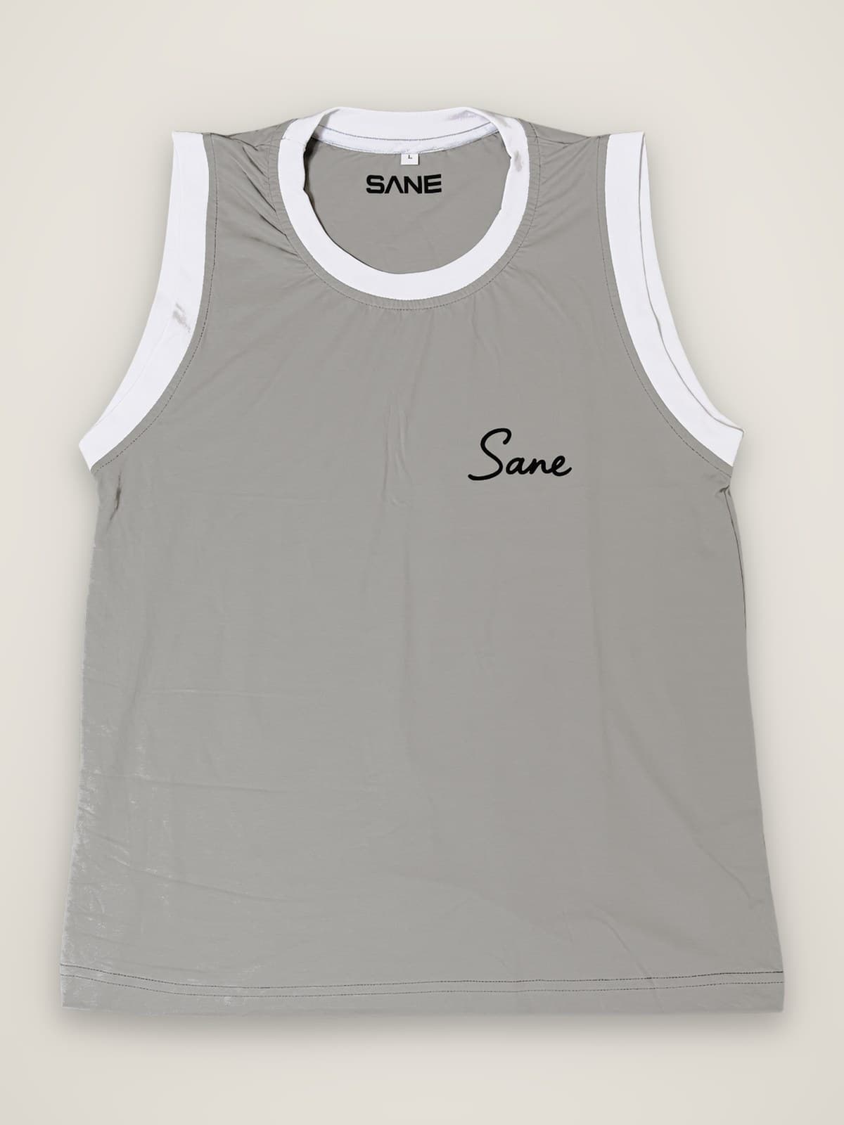Sane Tank Top in grey with white trim, front view with Sane script