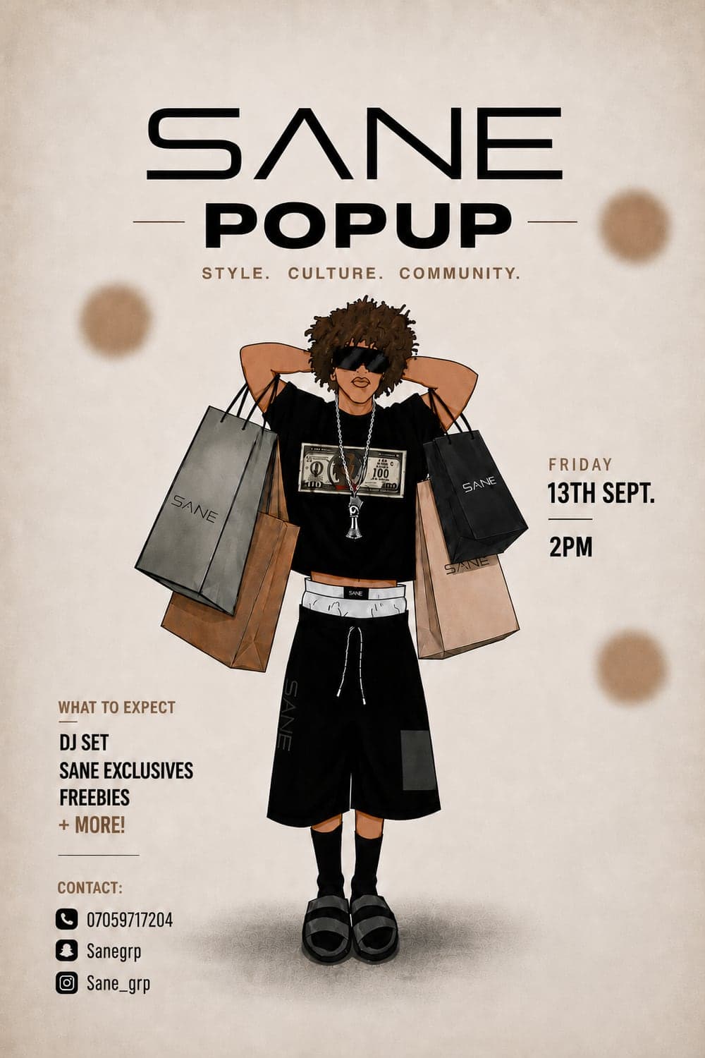 SANE Popup poster — style, culture and community at NUJ Clubhouse, Sunday 13 September 2026 at 2PM