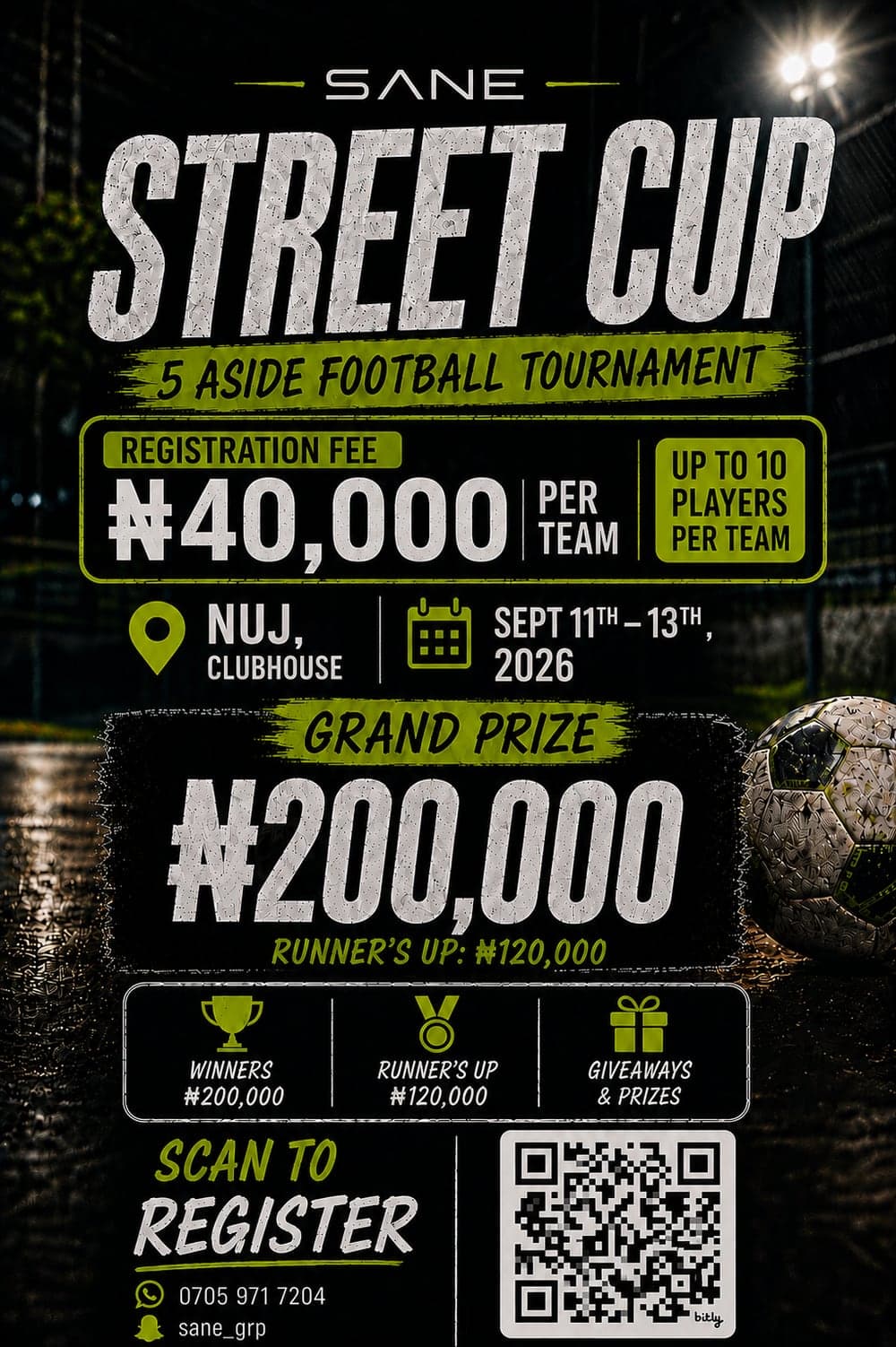 SANE Street Cup poster — a 5-a-side football tournament at NUJ Clubhouse, 11–13 September 2026